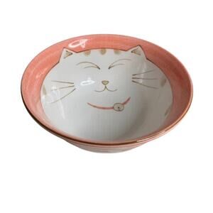 Vintage Maneki Neko Porcelain Soup Noodle Rice Bowl Lucky Happy Cat Pink Kitty